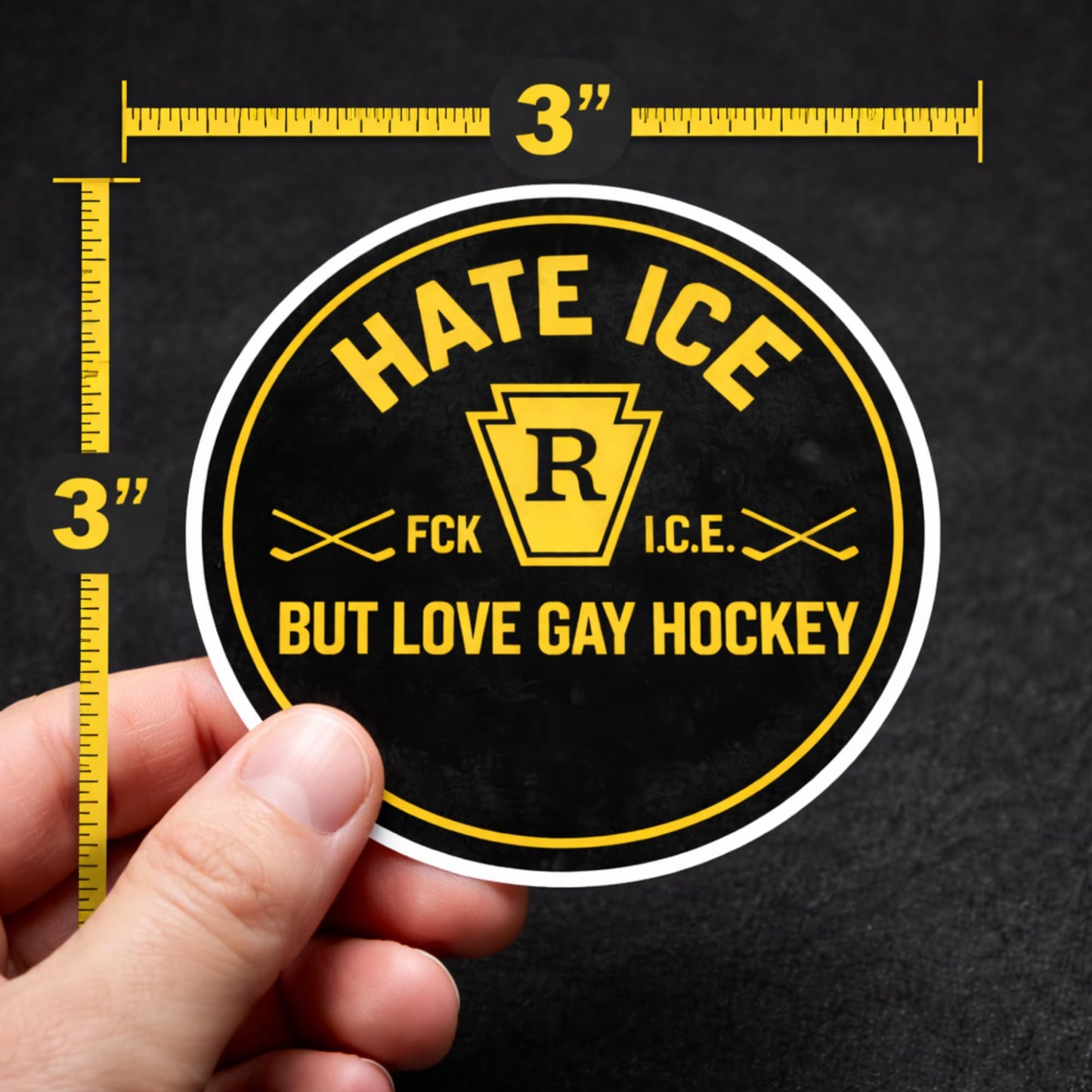 Hate Ice But Love Gay Hockey Vinyl Sticker, Waterproof Round Decal, Black and Yellow, 3 Inch or 5 Inch, 1 Pack or 3 Pack, for Laptop Water Bottle Car Bumper Tumbler