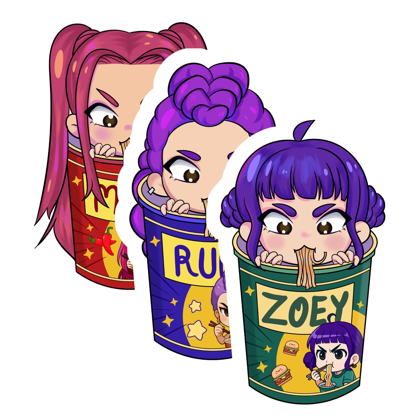 Cute Ramen Cup Girls Sticker Pack – 3 Inch Vinyl Decals – Set of 3 Durable Waterproof Stickers for Laptops, Water Bottles, Tablets, Notebooks, and More