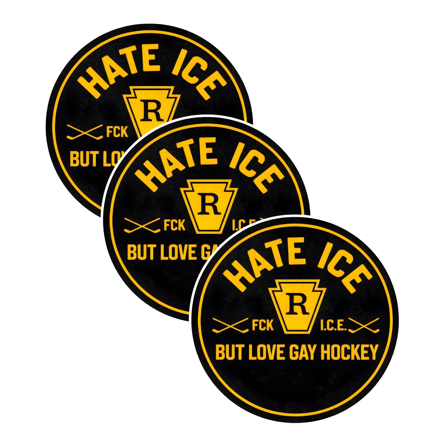 Hate Ice But Love Gay Hockey Vinyl Sticker, Waterproof Round Decal, Black and Yellow, 3 Inch or 5 Inch, 1 Pack or 3 Pack, for Laptop Water Bottle Car Bumper Tumbler