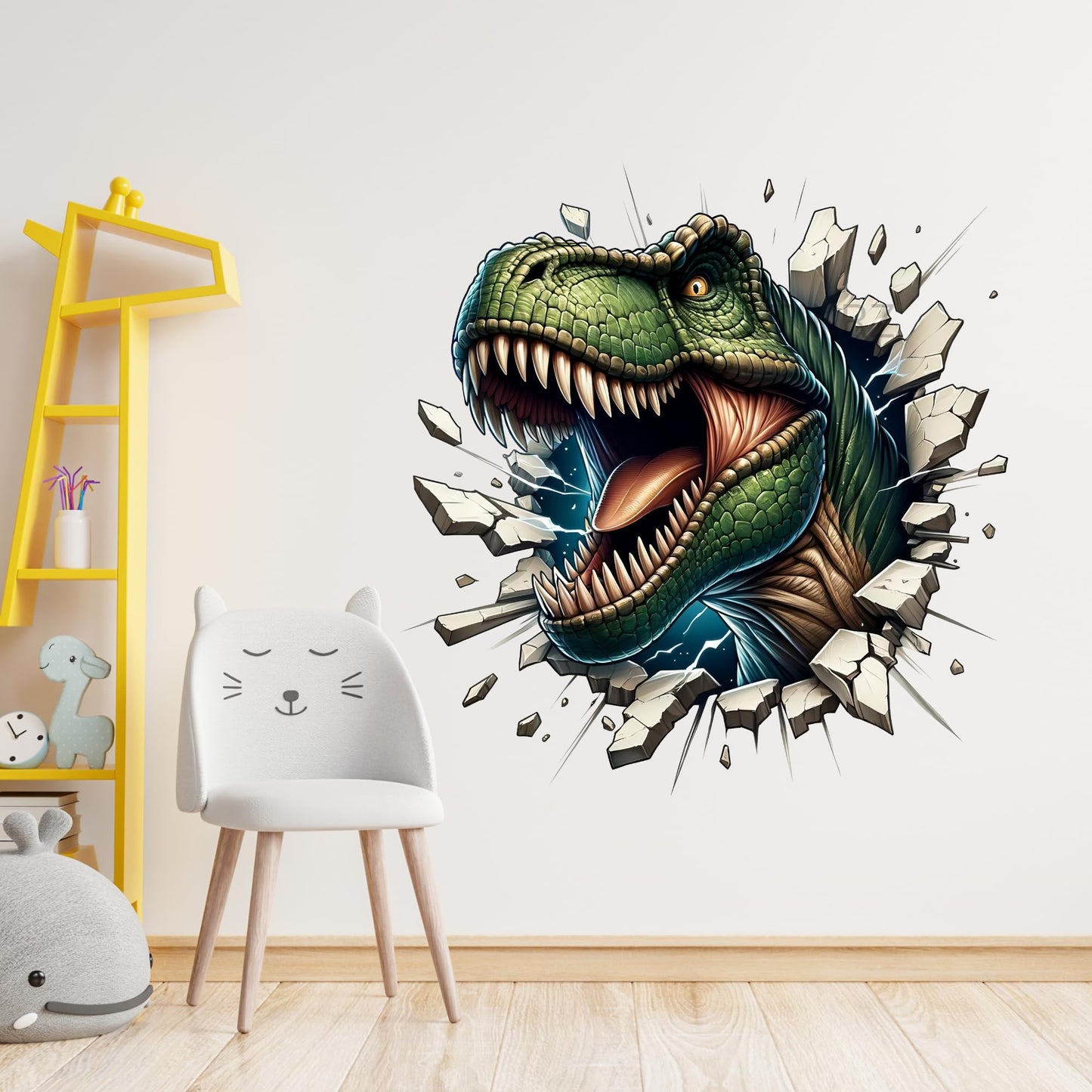 3D T-Rex Dinosaur Wall Decal, 20 Inch Breakthrough Design, Large Vinyl Sticker for Kids Bedroom, Playroom Wall Art Decor
